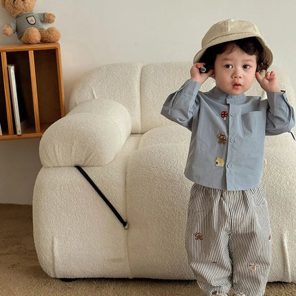 2026 Fall New Toddler Kids Pants Cotton Cartoon Embroidered Harem Pants Baby Boy Casual Striped Denim Baggy Trousers