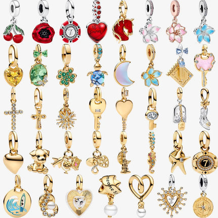 Key & Lock 925 Sterling Silver Pave Moon Heart Flower Dangle Charms Fit Original Bracelet Beads Jewelry DIY Gift plata de ley
