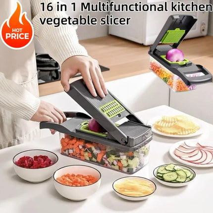 16 in 1 Multifunctional Vegetable Slicer Mandoline Cutter Food Chopper Grater with Container for Kitchen Onion Salad Potato