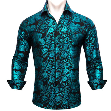 Luxury Silk Shirts for Men Long Sleeve Gold Black Floral Embroidered Regular Slim Fit Male Tops Regular Lapel Bloues Barry Wang