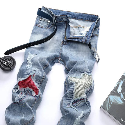 New Men's Personalized Ripped Jeans Light Blue Streetwear Stretch Straight Slim Fit Casual Motorcycle Denim Trousers Male