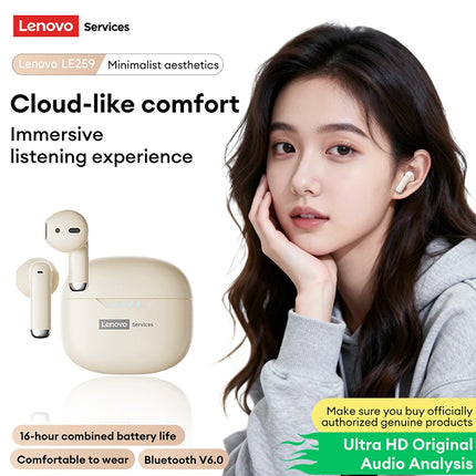 Lenovo LE259 Deep Bass Wireless Earphones Bluetooth 6.0 HD Crystal Calls Gaming Headphones Ultra-Low Latency Earbuds Waterproof