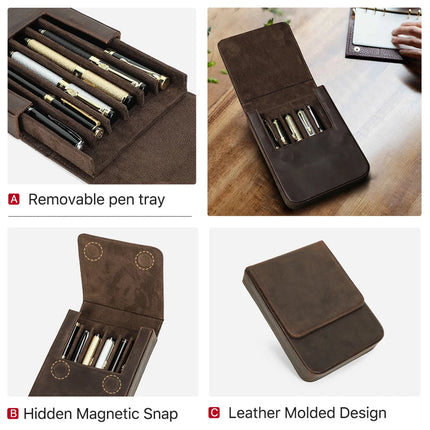 CONTACT'S FAMILY Handmade Fountain Pen Case Genuine Leather Holder Pencil Pouch Retro Pen Box Organizer School Office Men Women