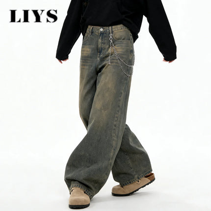 LIYS American Retro Baggy Wide Leg Jeans Men's Streetwear Distressed Y2K Clothing Casual Daily Four Seasons Denim Pants Unisex