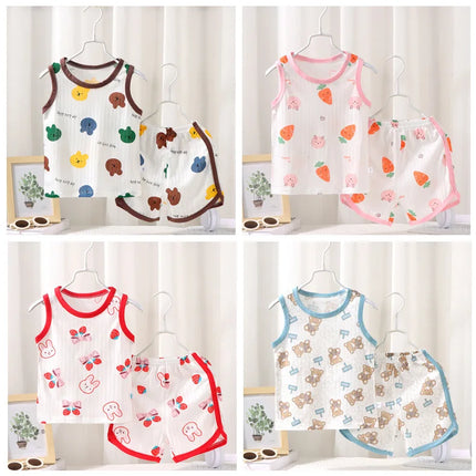 2025 New Kids Sleeveless Set Summer Cotton Girls' Shorts Pajamas Korean Style Boys' Tank Top Outfit Children Clothing Set