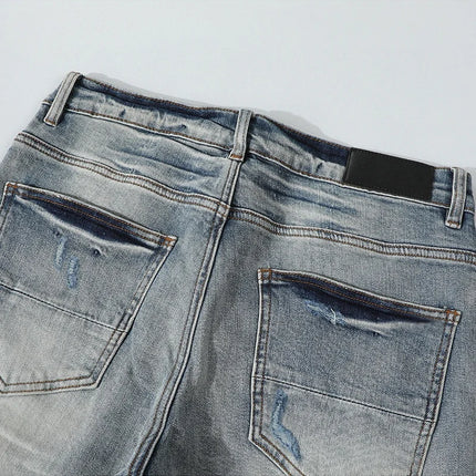 Retro Men's Light Blue Jeans Y2K Fashion High Street Hip Hop Brand Pants with Perforation Patch Nostalgic Washed Letter Design