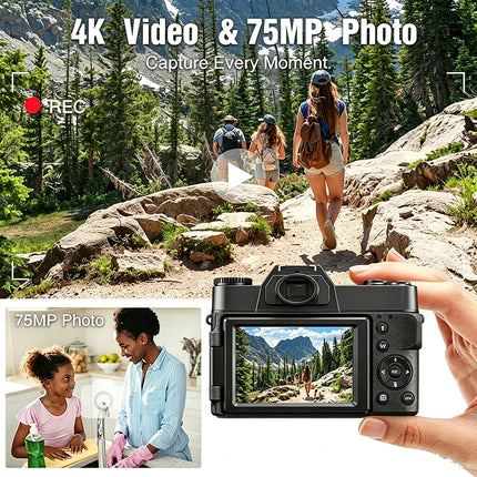 4K Digital Camera for Photography 16X Digital Zoom Vlogging Camera for YouTube 64MP WiFi Auto Focus Video Camera 3" Flip Screen
