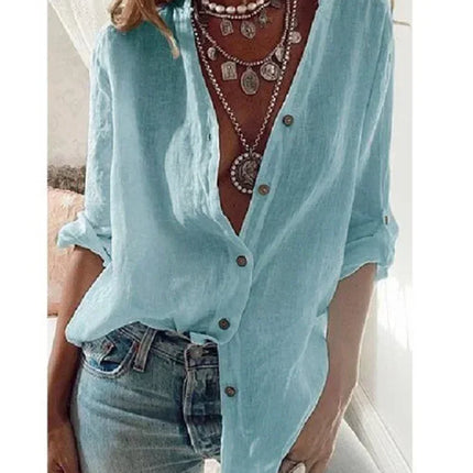 Summer Autumn Women's Cotton Linen Shirt Fashion Solid Color Casual Loose Button V-Neck Long Sleeve Top Commuter Wear
