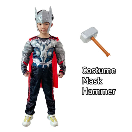 Kids Thor Muscle Costume Jumpsuit Superhero Thor Cosplay Jumpsuit Mask Hammer Suit Halloween Costumes for Child