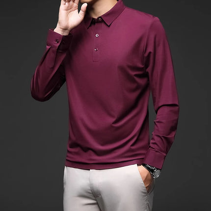 Minglu Mulberry Silk Men's Polo Shirts Luxury Long Sleeve Solid Color Golf Male T-shirts Spring Autumn Business Casual Man Tees