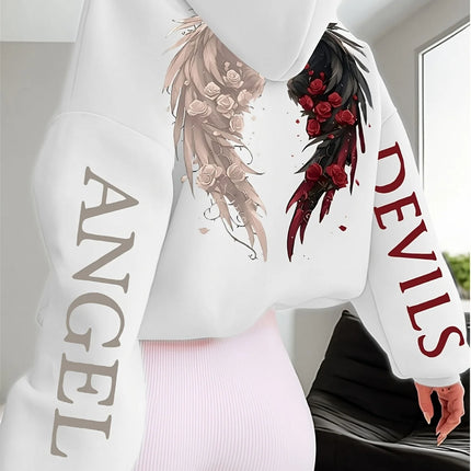 Women's Plus-size Hooded Sweatshirt Gothic Angel and Demon Pattern Autumn and Winter Fleece Streetwear Oversized Loose Casual