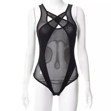 Tornova 2-Piece Interesting Underwear Sexy Women's Mesh See-through Contrast Color Halterneck Jumpsuit Sexy Underwear Suit New