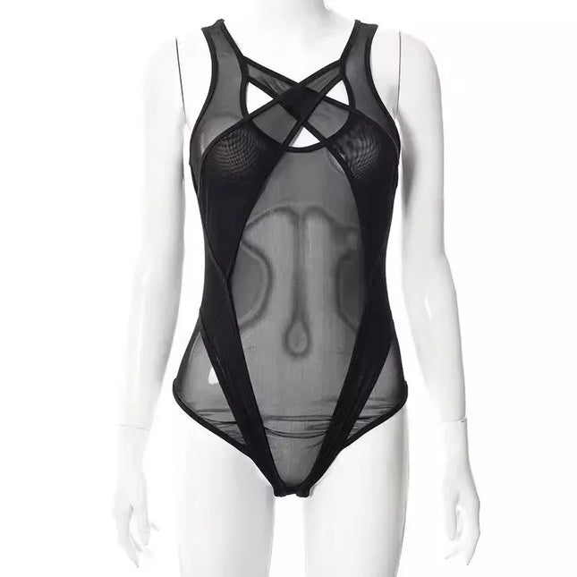 Tornova 2-Piece Interesting Underwear Sexy Women's Mesh See-through Contrast Color Halter Jumpsuit Sexy Underwear Set New