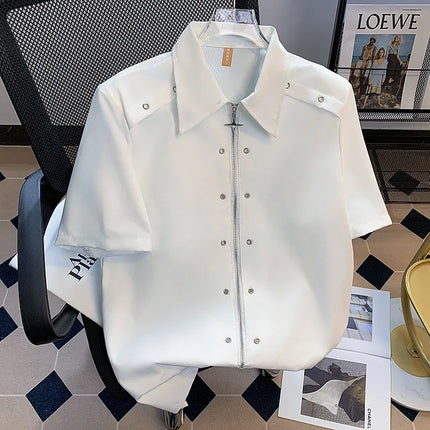 Metal button design padded shoulder men's shirt, summer high-end stylish wrinkle-free short-sleeve shirt