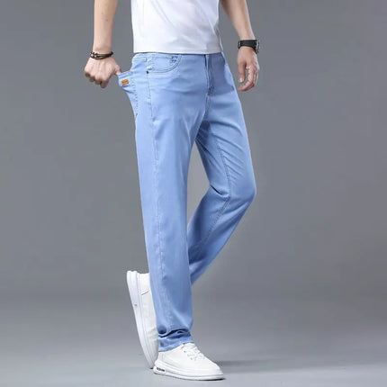 2026 Summer New Men's Sky Blue Slim Stretch Jeans Lyocell Thin Style Fashion Casual Ice silk Denim Pants Male Brand Trousers