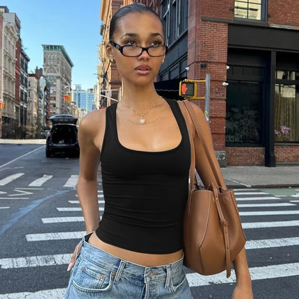 Hugcitar 2025 Summer Solid Straps Sexy Slim Crop Tank Top Women Casual Y2K Clothes Streetwear Party Sport Festival Wholesale