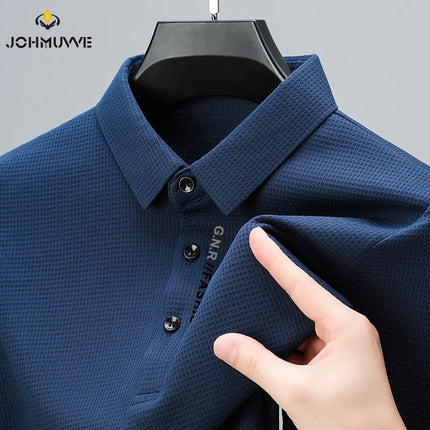 Men's Waffle Long-Sleeved Polo Shirt with Letter-Printed Lapel Casual Top