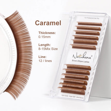 NATUHANA Brown Ellipse Flat Eyelashes Extensions Matte Faux Lashes Split Tips Soft Light Weight Ellipse Shaped Makeup Tools