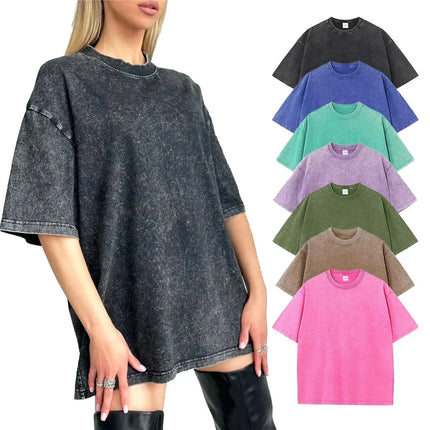 Summer Cotton Washed Women T-Shirts Hip Hop Loose Tee Shirt All-Match Fashion Short Sleeve Comfortable Multicolor Female Tops