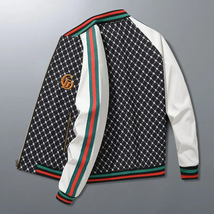 Men's Geometric Print Bomber Jacket Contrast Stripe Zip Up Varsity Baseball Coat