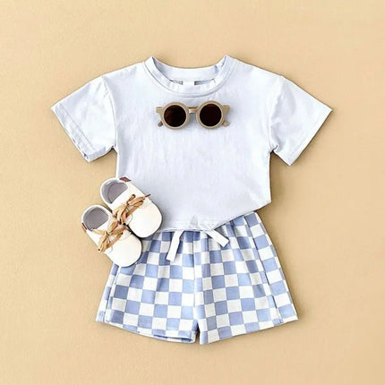 2PCS Kids Clothes Baby Boys Girls Solid Color Short Sleeve T-shirt Plaid Pattern Shorts Sets Baby Clothing Sets 0-3Y