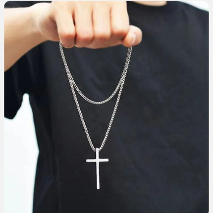 Vnox Cross Necklace for Men Women, Silver Color Plain Cross Pendant Collar with Stainless Steel Box Chain
