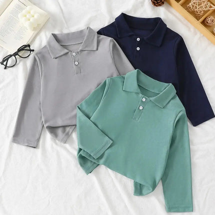 2025 New 3-Piece Children's Pure Color Simple Fashion Polo Shirt Boy Casual Joker Long-sleeved Shirt Brother Brother parent-child