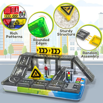 32/64/58PCS Magnetic Road Construction Set Toys For Kids Gift Magnetic Building Blocks Montessori Educational Toys With Iron Box