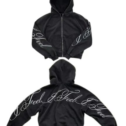 Y2K harajuku Gothic Letter Print Retro Fashion Men And Women Hoodie Hip-Hop Punk Style Black Oversized Zipper Sweatshirts
