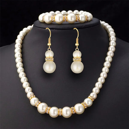 3 In1 Set Elegant Simulated Pearl Necklace Earrings Bracelet Long Necklace Women Bridal Wedding Jewelry Gift Beautiful Jewelries
