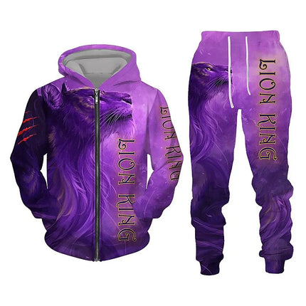 Men's Zip Hoodie Tracksuit Full Hoodies Set Lion Graphic Zipper 2 Piece Hooded Sports Outdoor Casual Sports 3D Print Streetwear