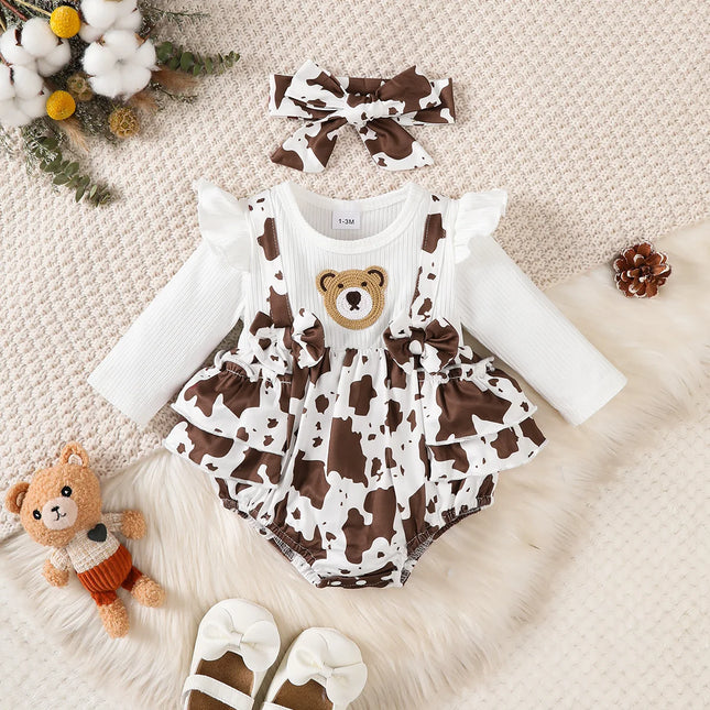 0-18 Months Baby girl Bodysuit Long sleeved Teddy Bear Bodysuit+Headband 2Pcs/set Baby Girl Autumn Bodysuit for Cute Newborns