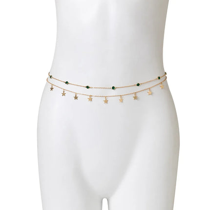 Beach Bikini Waist Chain Simple Double-layer Rhinestone Pentagram Pendant, Versatile Female Sexy Crystal Body Chain