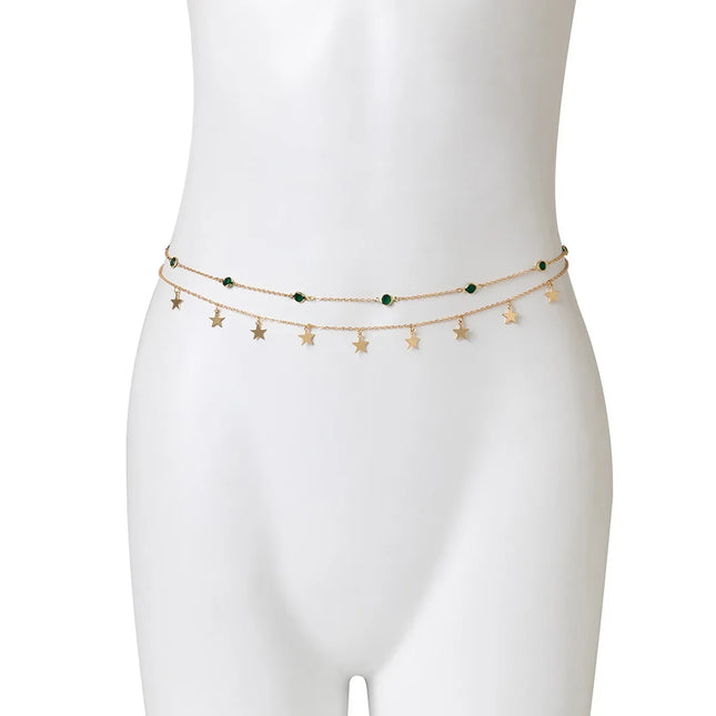 Beach Bikini Waist Chain Simple Double-layer Rhinestone Pentagram Pendant, Versatile Waist Chain Female Sexy Crystal Body Chain