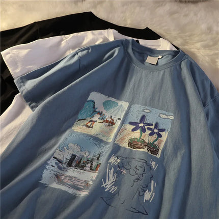 Vintage Short Sleeve T-Shirt Women Loose Korean Style Street Fashion Half Sleeve Top Fresh Sweet Style Polyester Fiber