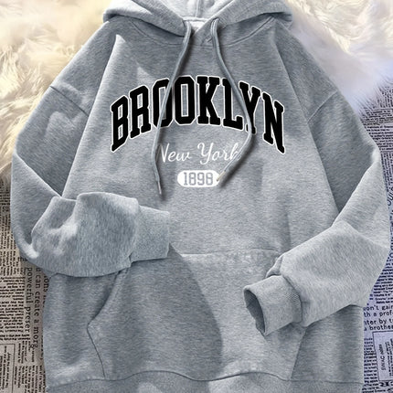 Brooklyn Hoodie Casual Wear Fashionable Letter Cartoon Print Women'S Casual Long Sleeve Pullover with Kangaroo Pockets  Trendy