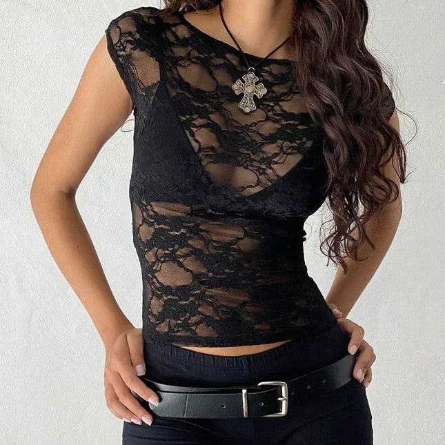 Women's Sheer Lace T-shirt Short Sleeve Round Neck Slim Fit Tee Tops Summer Beach Club Sexy See Through Shirts Cover-ups