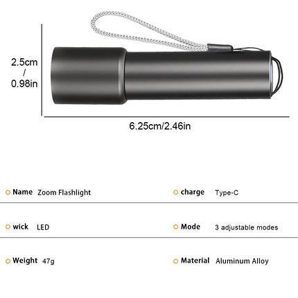 Mini Flashlight USB Rechargeable Aluminum Alloy Flashlight Super Bright LED Bead Adjustable Focus Long-range Portable Flashlight
