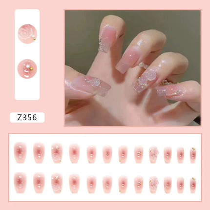 White Camellia 24 Pcs Press on Nails Pink Nail polish Glossy Artificial Finger Manicure Reusable False Nails