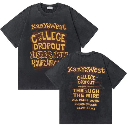 Washed Vintage Rapper Kanye West Graduation Bear Graphic T Shirt Men Pure Cotton T-shirt Men's Hip Hop Fashion Oversized Tshirt