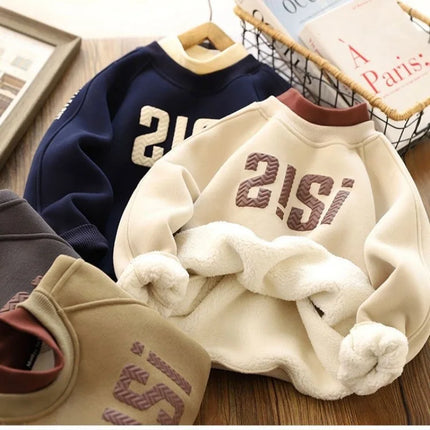 New Autumn winter Boys girls Fleece Thickened Sweater Cartoon Printed Letters Children's Leisure Fake 2 Piece Warm Top 3-14Y
