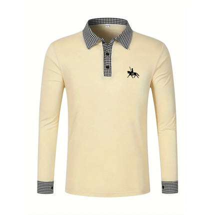 Men's Houndstooth Patchwork Long Sleeve Polo Shirt Classic Casual Business Tops Breathable Lightweight Knitwear for Spring Fall