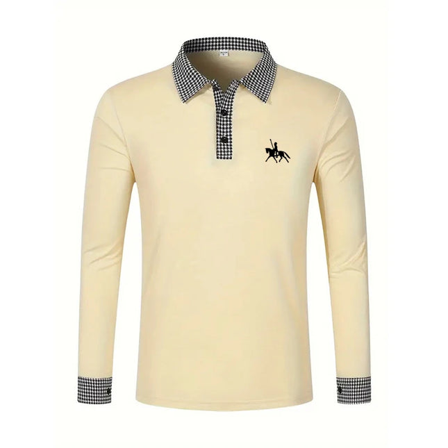 Men's Houndstooth Patchwork Long Sleeve Polo Shirt Classic Casual Business Tops Breathable Lightweight Knitwear for Spring Fall