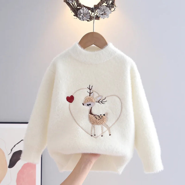 Fashion Embroidered Cute Deer Kids Sweater Girls Knit Pullover Princess Soft Cozy O-Neck Heart-shape Autumn Winter Tops HY12161