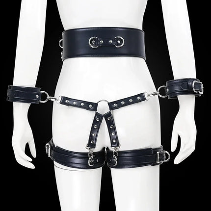 Professional BDSM Red Leather Harness Set Collar Handcuffs Restraint Kit for Women Slave Role Play Fetish Gear Adult Game Toy