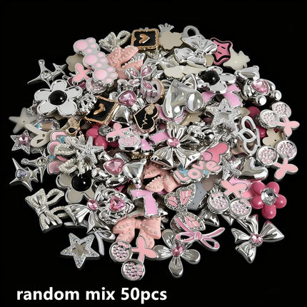 10/20/30/50pcs Random Mix Silver Color Heart Bow Star Charms For Junk Cases Flower Pink Girl Pendant DIY Hairpin Phone Case Bulk