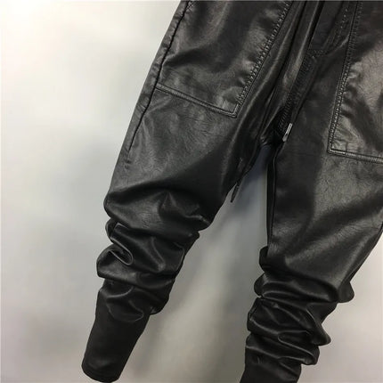 Men Casual Cargo Harem Pants High Street Hip Hop Length PU Faux Leather Sweatpants Autumn Winter Black Big Size