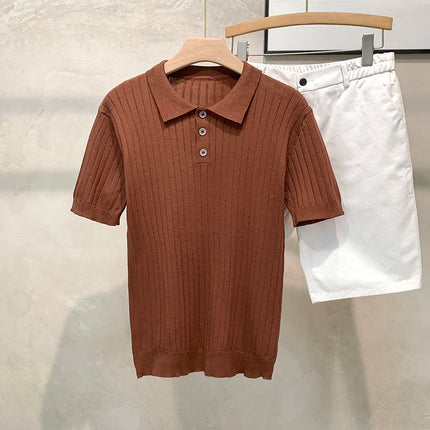 Slim Fit Knitted T-Shirt Short Sleeve Vertical Stripe T-Shirt Summer Fashionable Korean Style Lightweight Casual Top