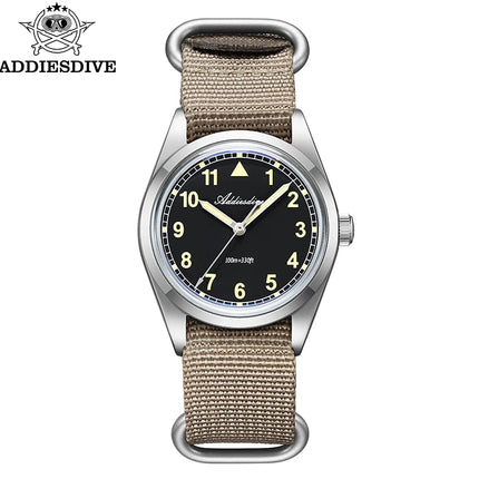 ADDIESDIVE Retro Men's Watch K1 Mineral Glass Stainless Steel 100m Waterproof Night Light Watch 36mm Movement Nylon Quartz Watch