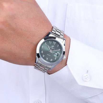 A quartz wristwatch with a stainless steel strap and personalized dial, equipped with a date display function. The simple and atmo